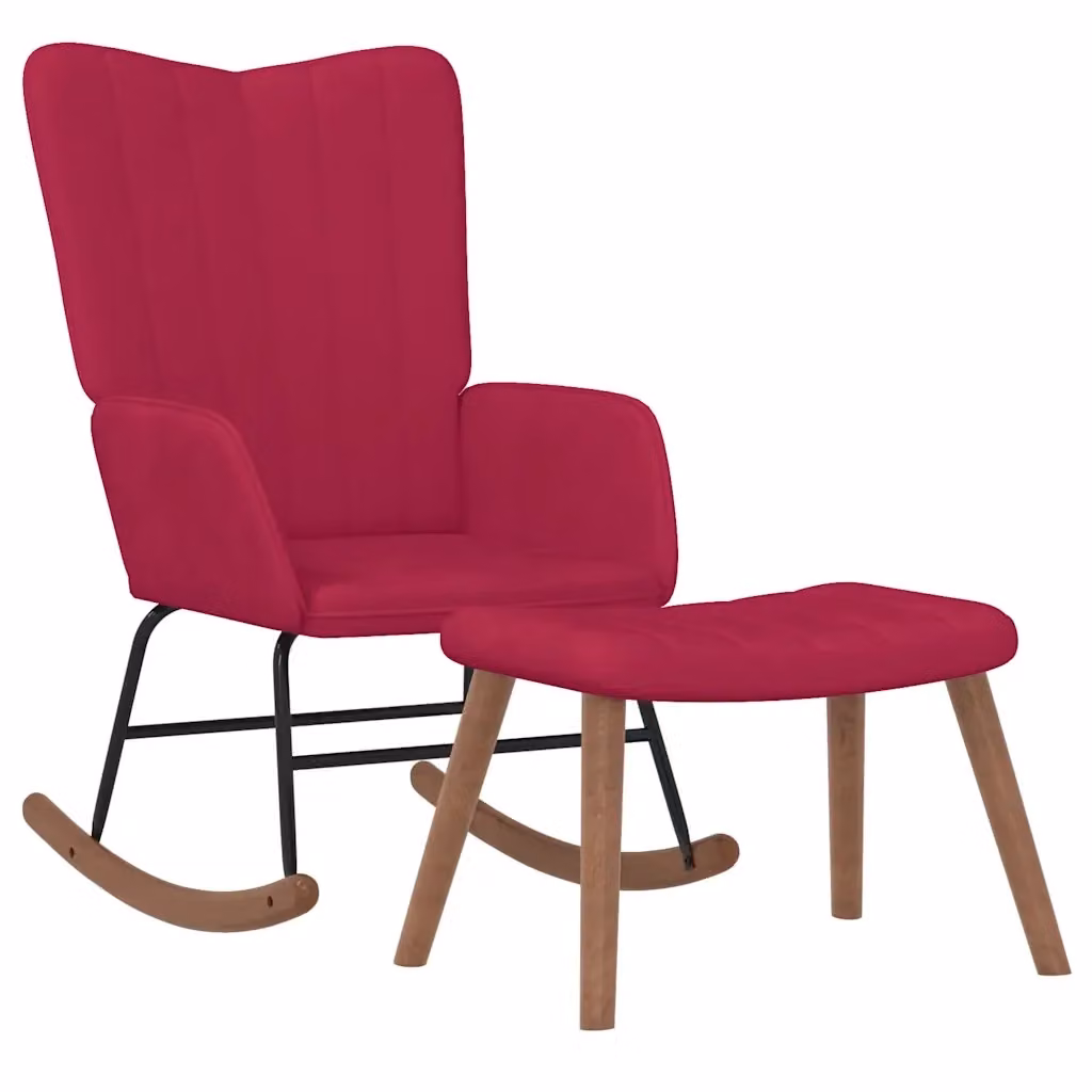 Poltrona a dondolo relax con poggiapiedi in velluto rosso vino e struttura moderna – 2
