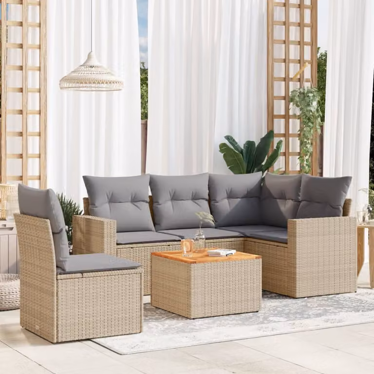 Set Divano da Giardino vidaXL 6 pz a Forma a L in Polyrattan con Cuscini Beige e Tavolino da Caffè