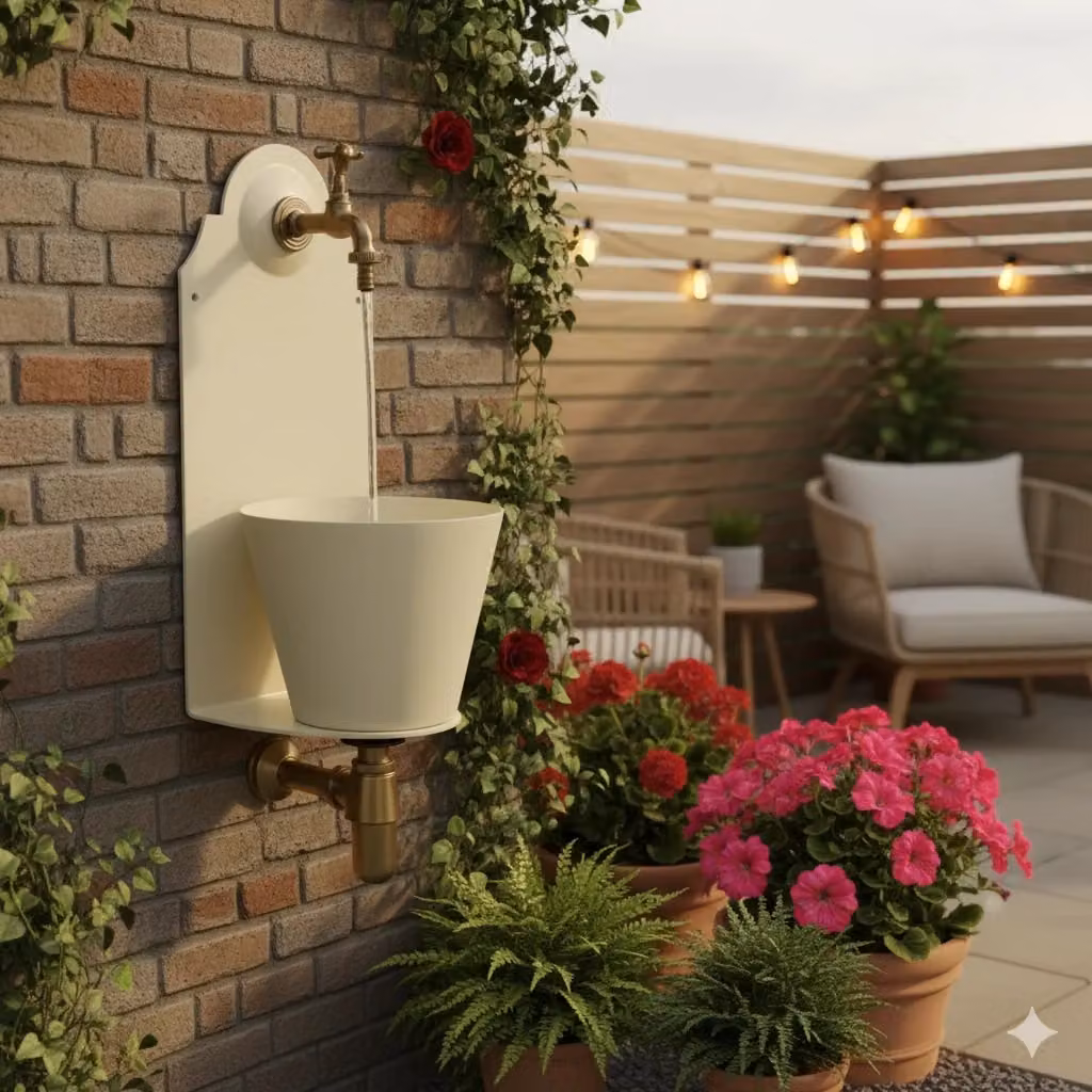 Fontana da parete per giardino Belfer in metallo beige con rubinetto L: 50 cm, H: 25 cm, P: 23 cm – 2