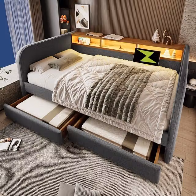 Letto divano 140 × 190 cm con LED, USB e Type-C, 2 cassetti, senza materasso, in lino, grigio