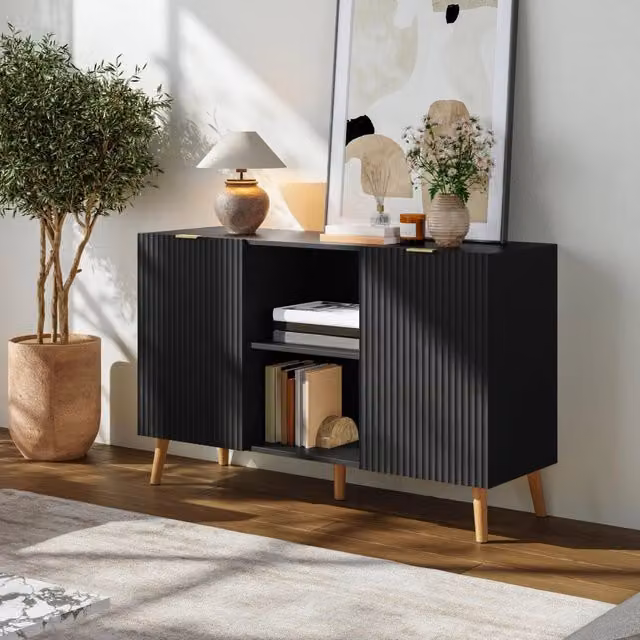 Credenza Nand Madia en.casa con 2 Ante Scanalate Nero L: 120 cm, P: 40 cm, H: 76 cm