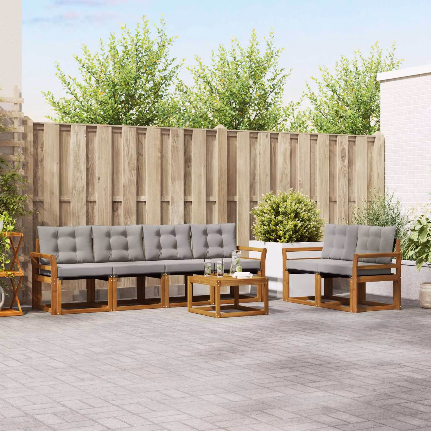 Set di divani da esterno vidaXL 7 pezzi in legno di acacia e textilene grigio con cuscini inclusi