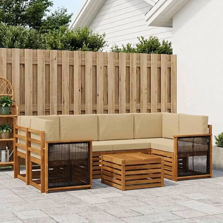 Set di divani da esterno vidaXL in legno di acacia con tavolo da caffè, 7 pezzi, beige e sabbia