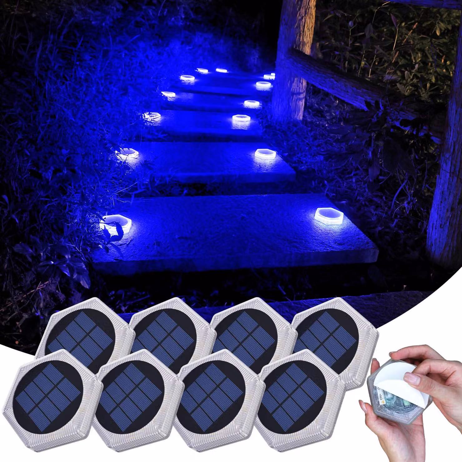 20 luci solari per gradini, 8 pezzi, esagonali, grado di protezione IP68, colore blu