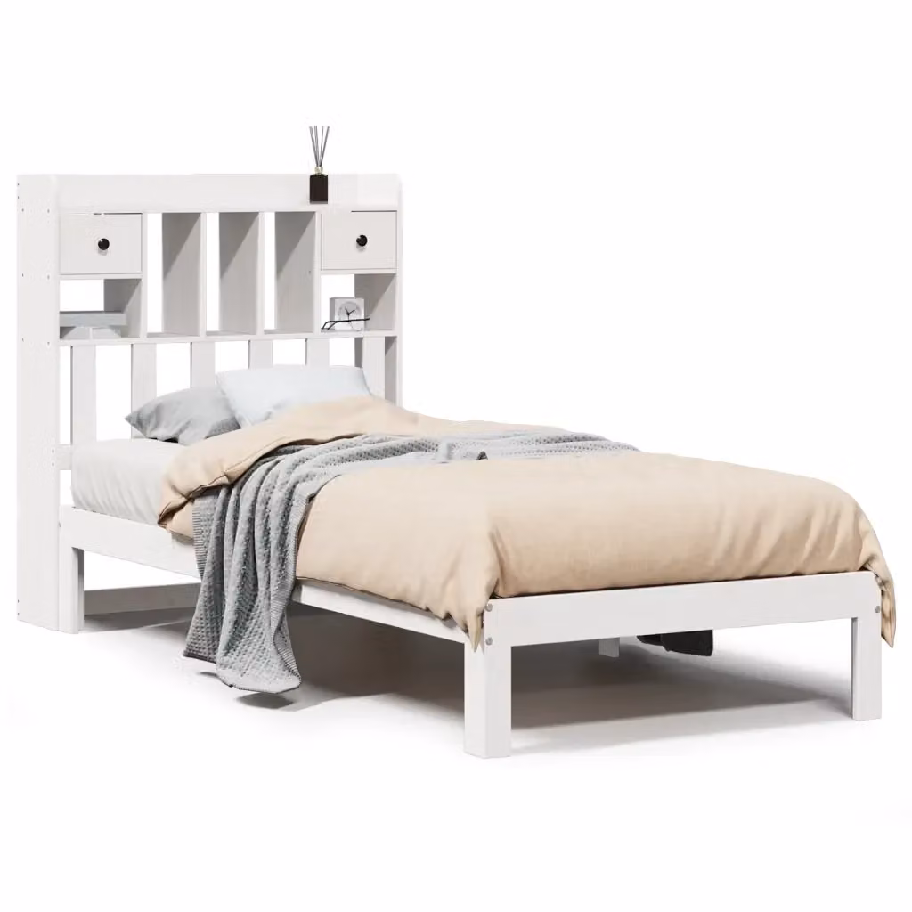 Letto Libreria vidaXL in Legno di Pino Bianco con Ripiani Laterali L/P/H: 200 x 90 x 110 cm – 2