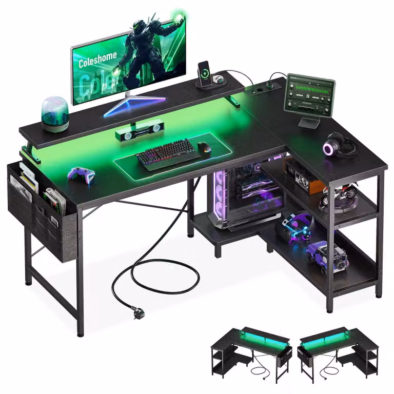 Scrivania da gaming a forma di L con illuminazione LED, dimensioni 120x80 cm, colore nero