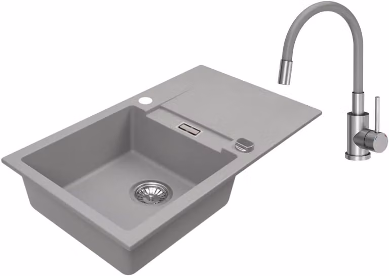 VBChome Lavello in granito 76 x 44 cm Grigio con rubinetto flessibile Lavello da incasso a vasca singola Reversibile Speckled Lavello di facile manutenzione con sifone