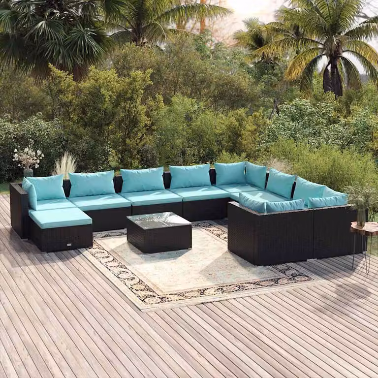 Set di Divani da Giardino vidaXL 11 pz a Forma a U con Cuscini Blu e Nero in Polyrattan e Metallo