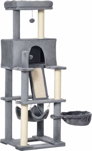 Albero Tiragraffi per Gatti PawHut con Pali in Sisal, Casetta, Amaca e Giochi Integrati, Grigio, L 48 x P 48 x H 140 cm