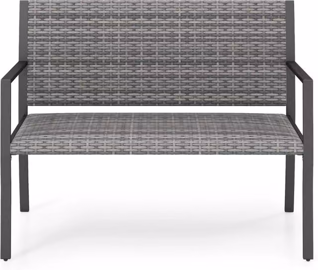 Panchina da giardino in rattan e metallo con braccioli e schienale ergonomico, panca da esterno a 2 posti per terrazza e balcone, Grigio opaco, L: 109,5 cm, H: 84,0 cm, P: 55,0 cm – 1