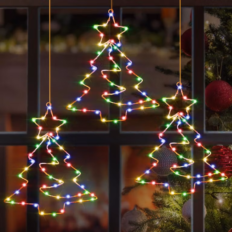 Luci decorative per finestre a tema natalizio, set da 3 pezzi, 55 LED, multicolore, con timer