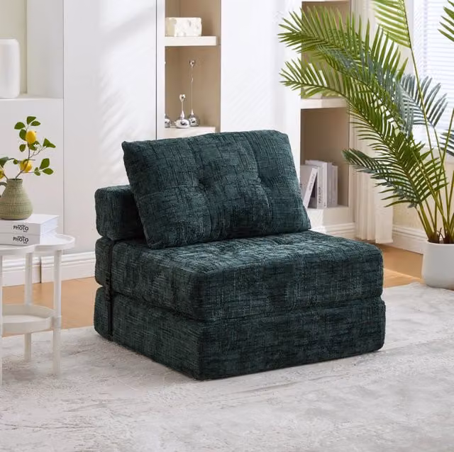 Sofà letto pieghevole MODFU in tessuto chenille verde smeraldo con cuscini L: 79 cm, P: 79 cm, H: 57 cm