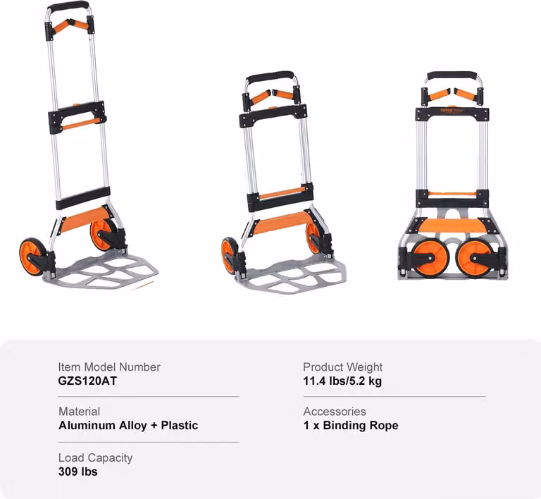 Carrello manuale pieghevole, lega leggera di alluminio, corda per legare, 309 lbs
