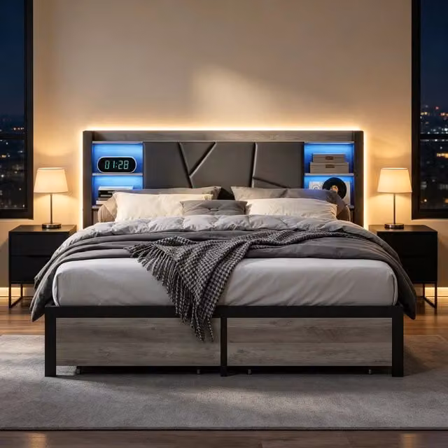 Letto Matrimoniale 160x200 cm;Letto rivestito in PU con 2 cassetti;Letto di ferro con USB e LED;Grigio