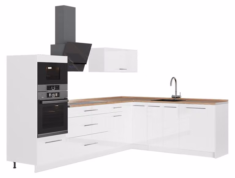 Cucina angolare completa Vicco Fame-Line Bianco lucido/Bianco 287 x 207 cm, PL Rovere, Model 63546