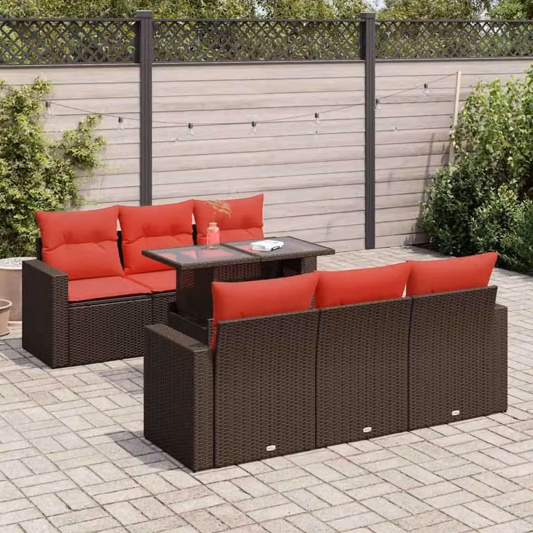 Set di divani da giardino vidaXL in polyrattan marrone con cuscini e tavolino da esterno a forma di U