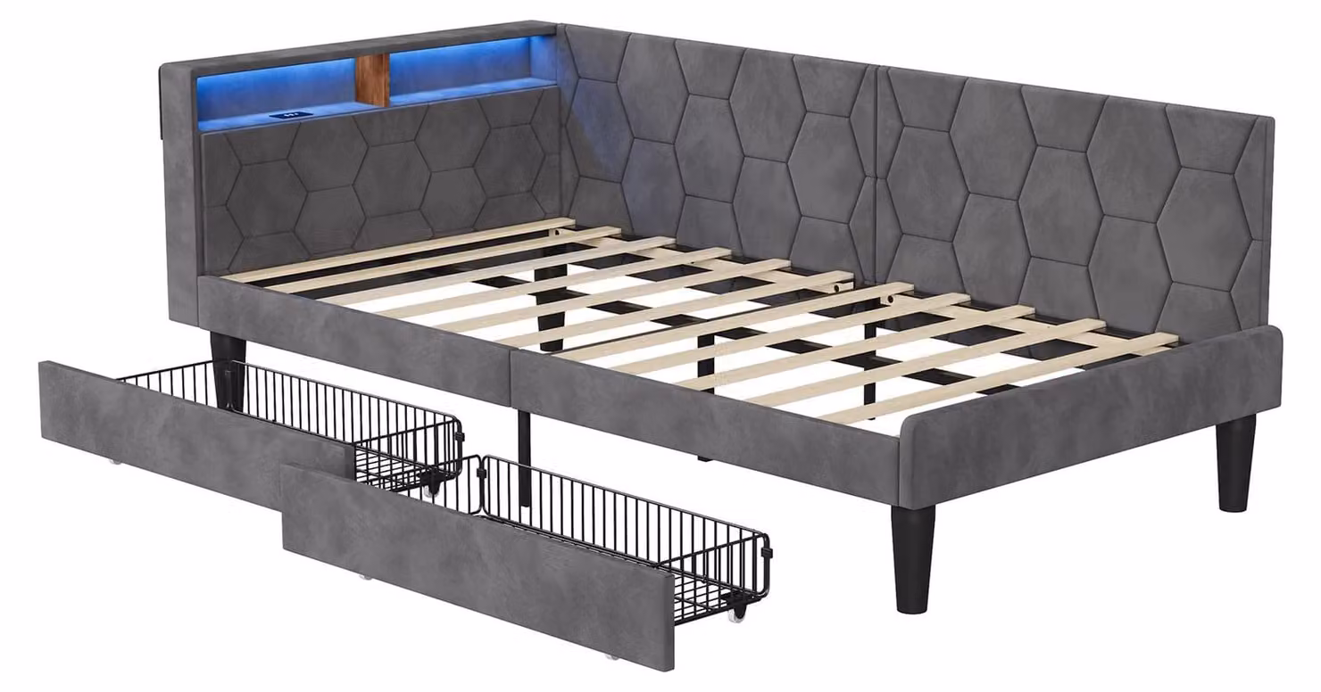 Letto singolo 90x200 cm - Divano letto imbottito con spazio contenitore - 2 cassetti in metallo - Braccioli ampi - Schienale imbottito - Tessuto velluto grigio