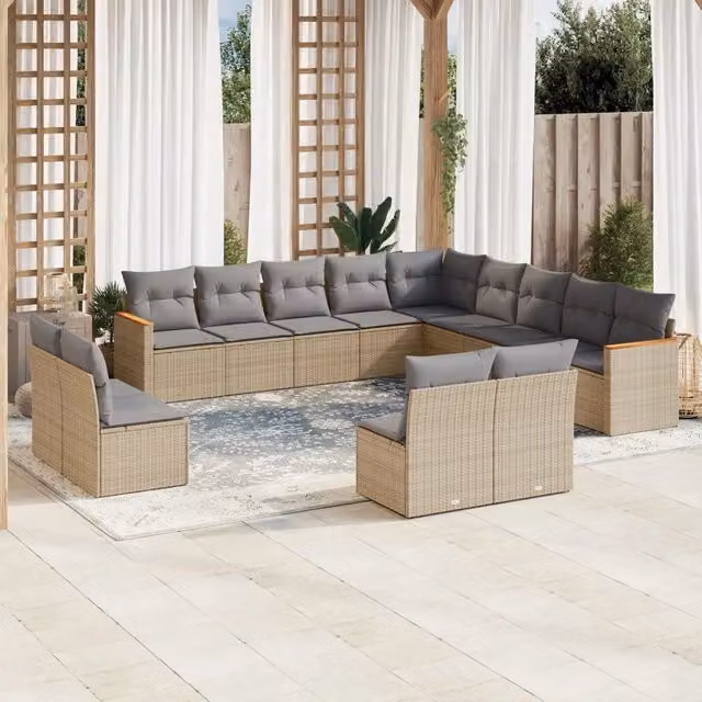 Set Divano da Giardino a Forma di U VIDAXL in Polyrattan con Cuscini Beige, 13 Pezzi – 1