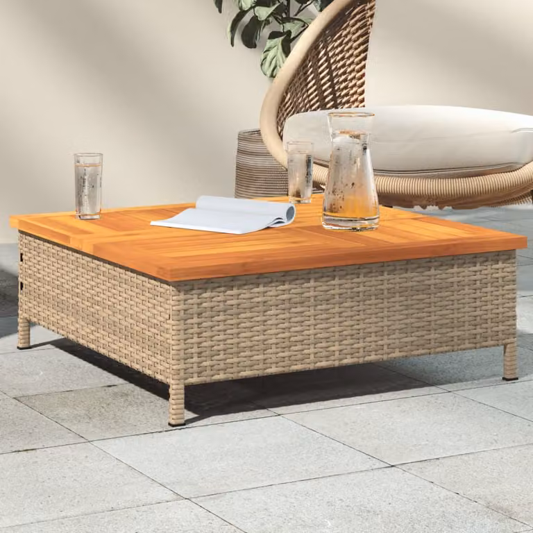 vidaXL Tavolo da Giardino Quadrato in Polyrattan e Legno di Acacia Olio, Beige e Marrone, L 70 x P 70 x H 25 cm