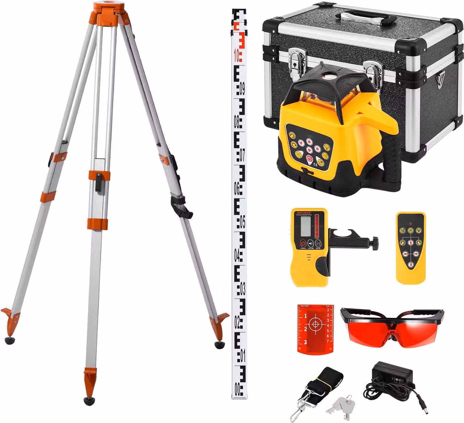 Laser rotante Baulaser - Set livella con treppiede e asta di misurazione - Portata 300 m - Laser rosso - Rotazione 360° - Inclinazione regolabile - Telecomando e borsa per il trasporto