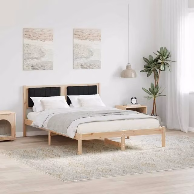 Letto con Testiera Rivestita-Struttura Letto con Testiera Nero 140 x 190 cm Pino massello 814493