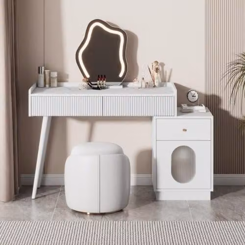 Tavolino da toilette AIORBER, (senza sgabello), con specchio LED, con tre cassetti spaziosi e un'anta, per la camera da letto, 100x40x75cm, bianco