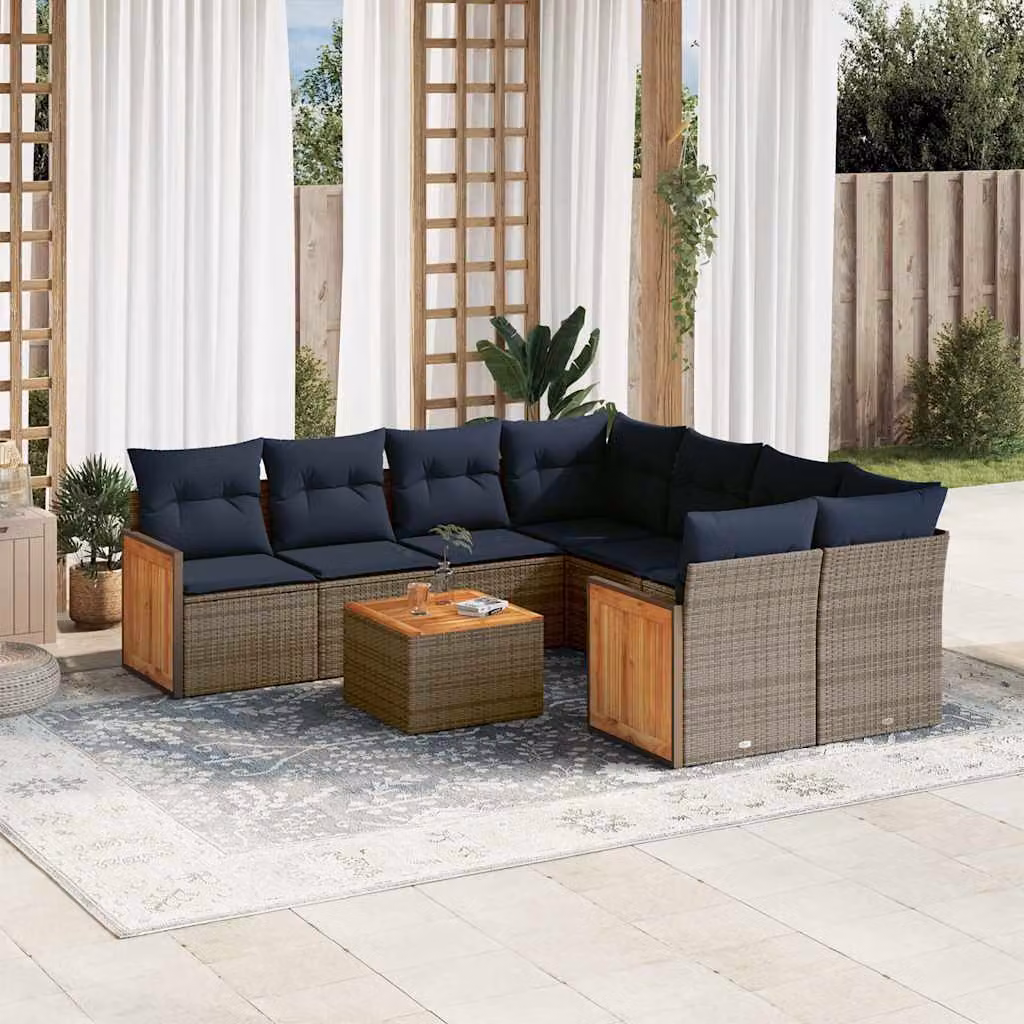 Set da giardino vidaXL in polyrattan da 9 pezzi con cuscini grigi e blu, design moderno a forma di L con tavolino e struttura in metallo