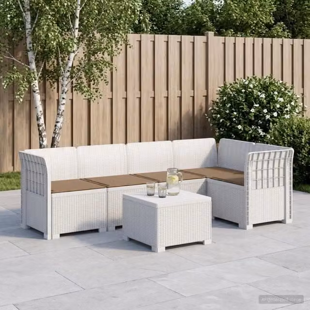 Divano da Giardino 5 Posti con Cuscini Stile Rattan PP Bianco 3444080