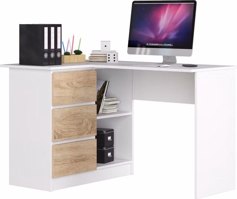 Akord Scrivania Angolare 3 Cassetti Lato Sinistro Bianco/Sonoma 124X85X77 Cm