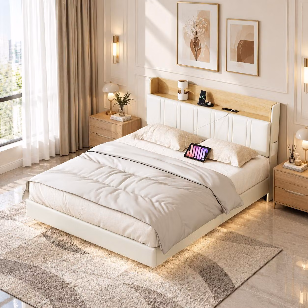 INONEFT, letto sospeso 140 x 190 cm, letto imbottito con spazio contenitore nella testiera e rete a doghe, letto matrimoniale con USB e LED, in PU, bianco, senza materasso
