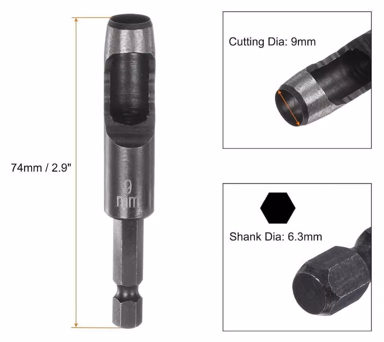 Mandrino esagonale Lochstanzer da 9 mm per trapano, adatto per lavorare pelle, carta e tessuti, lunghezza 74 mm