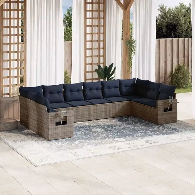 Set Divani da Giardino 10 pz con Cuscini Grigio in Polyrattan 3220670