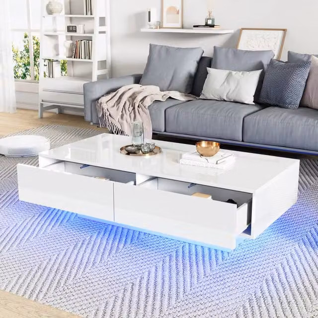 Tavolino da Salotto Moderno Bianco Lucido 115x55x34 cm, 2 Cassetti, Illuminazione LED, Portata 30 kg