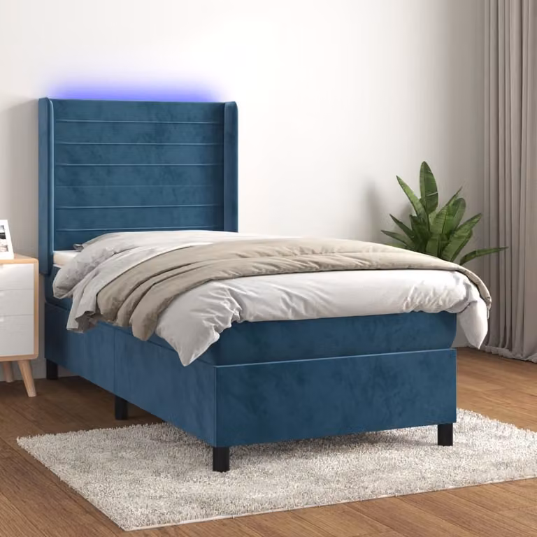 The Living Store Letto a molle con materasso e LED in velluto blu scuro 100x200 cm