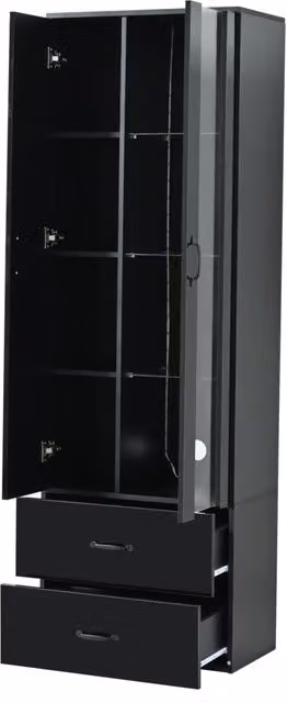 Vetrina LED autoportante nera con 2 porte, struttura in truciolato 60x35x182,5 cm con porta acrilica trasparente