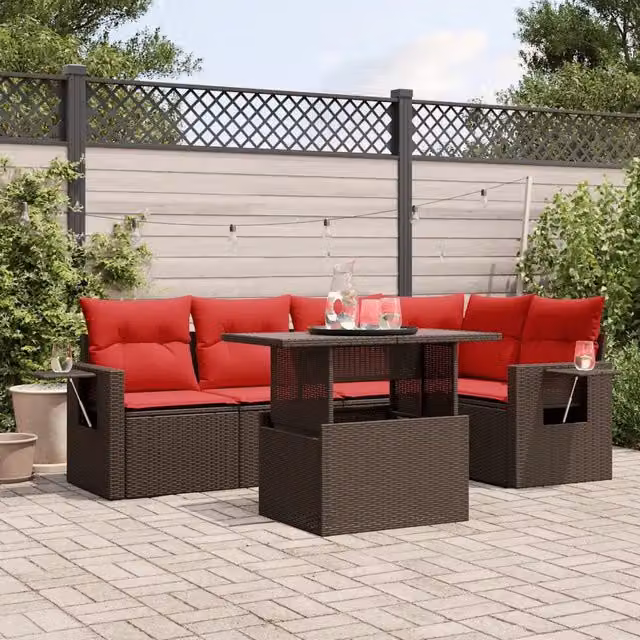 Set Divani da Giardino 6 pz con Cuscini Marrone in Polyrattan 3267894
