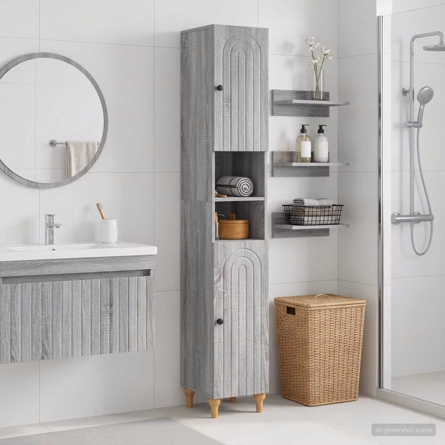 Armadio da bagno vidaXL ALKMAAR con ripiano aperto e ante a battente, grigio e nero, L 31,0 cm x P 23,5 cm x H 190,0 cm