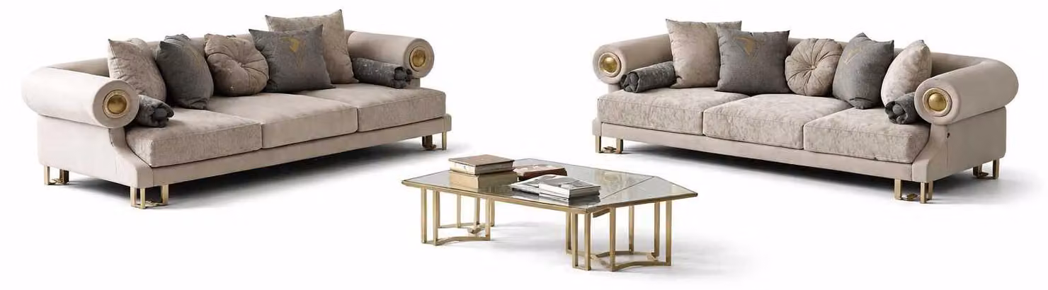 Elegante divano 3+3 posti per soggiorno, design moderno, tavolino da salotto