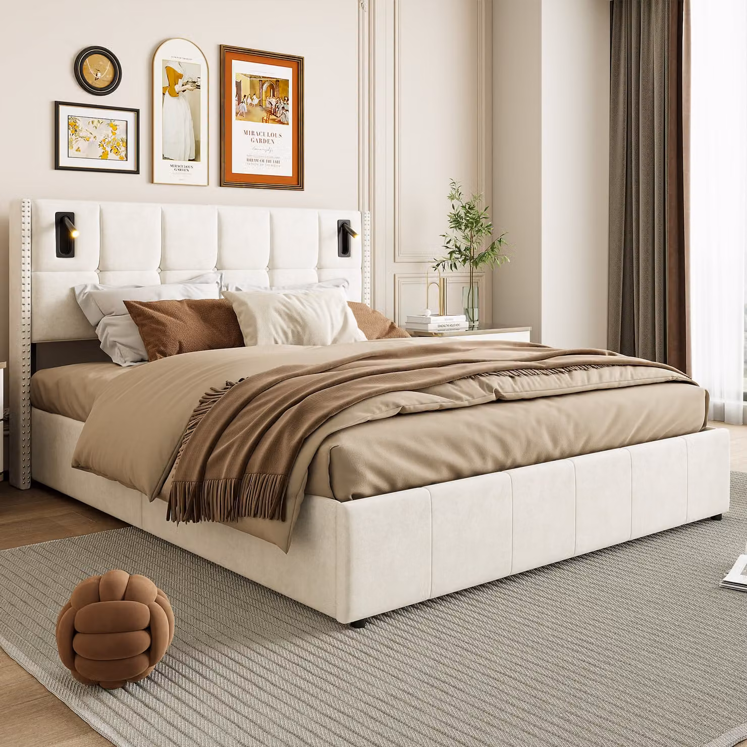 UnboxG Letto imbottito 140x200cm con LED, letto a molle con rete a doghe, letto matrimoniale con contenitore, letto funzionale con contenitore, velluto, beige