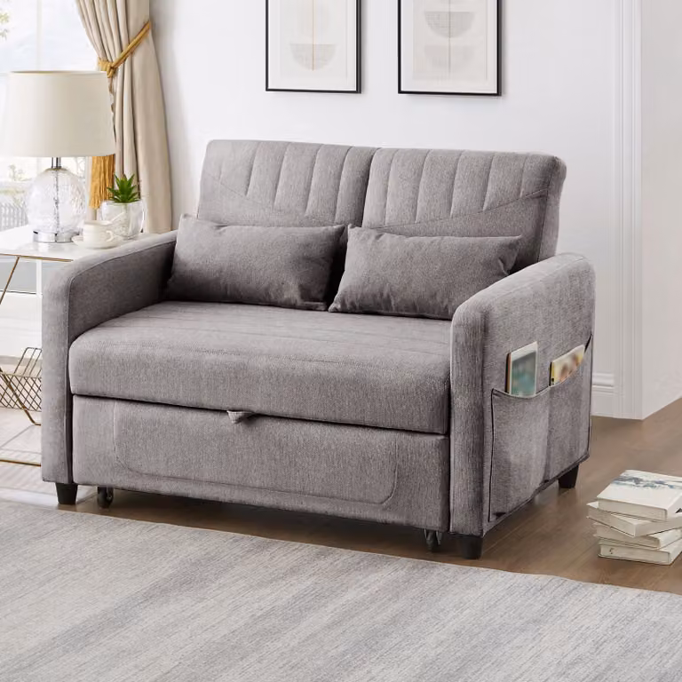Divano letto Stilvora, divano a due posti con meccanismo reclinabile a tre posizioni, daybed realizzato in tessuto di cotone e lino traspirante, colore grigio