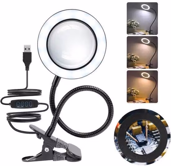 Lampada da ingrandimento a LED dimmerabile Unyqoos® con ingrandimento 3x, collo di cigno a 360° e morsetto – 30 modalità di illuminazione (10 livelli di luminosità, 3 temperature di colore), cavo di ricarica USB