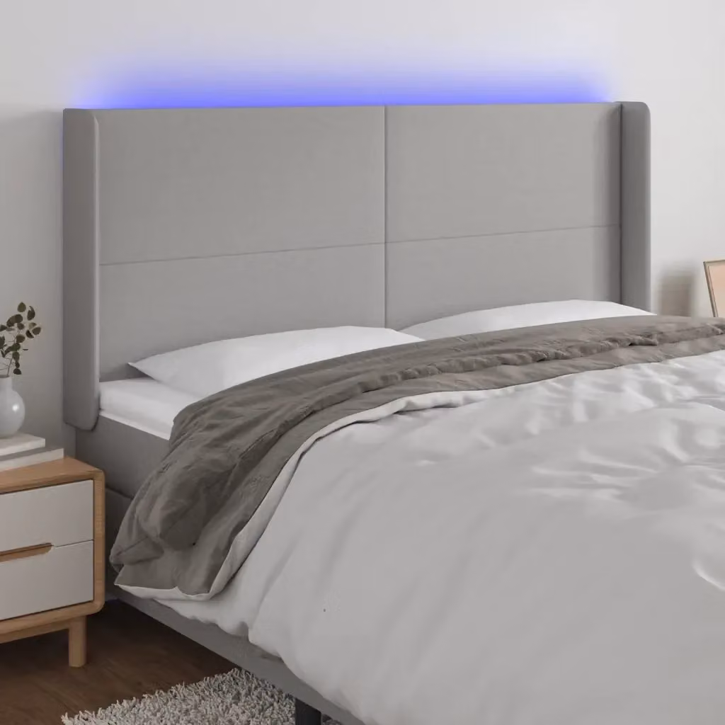 Testata del letto con illuminazione LED e porta USB in tessuto grigio chiaro, L: 183 cm, P: 16 cm, H: 118/128 cm – 2
