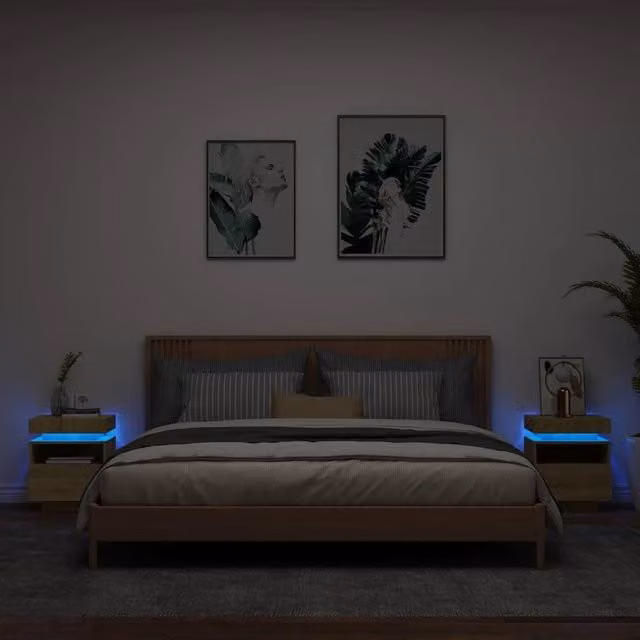 Set di 2 Comodini Design Mania con Luci LED in Rovere Sonoma, L 40 cm x P 39 cm x H 48,5 cm