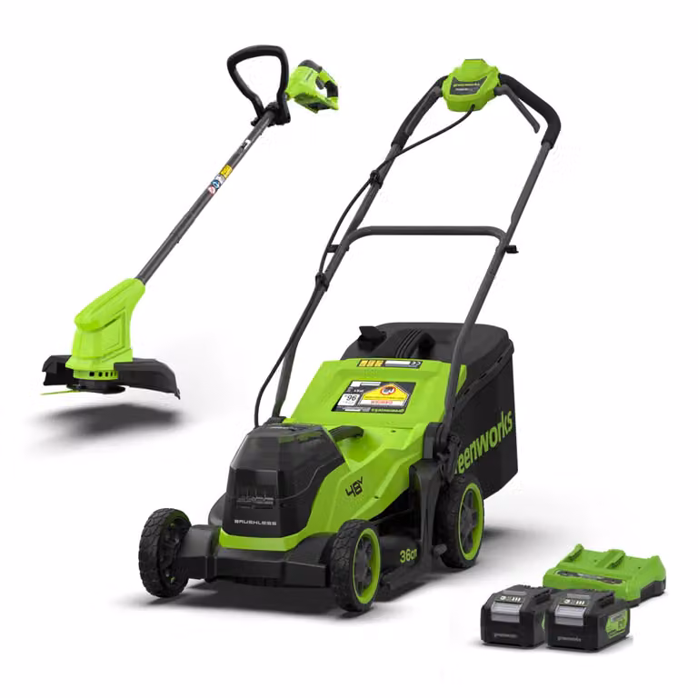 Kit Greenworks POWERALL 48V con Rasaerba da 36 cm e Tagliabordi da 25 cm Gen. II di colore verde
