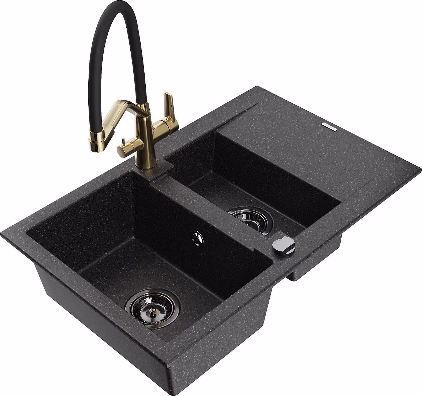 Mexen Gaspar lavello da cucina in granito a 1,5 vasche con scolapiatti e miscelatore Duo, nero/argento - 6507-73-671701-57-B