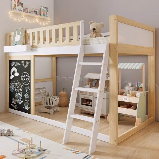 Letto a soppalco per bambini in pino e MDF bianco e naturale, 90x200 cm con lavagnetta e contenitore