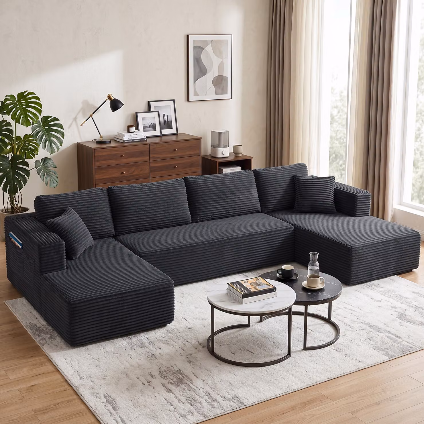 Divano modulare a U HOMCOM con 2 chaise longue, effetto cord e imbottitura a molle, grigio antracite – 2