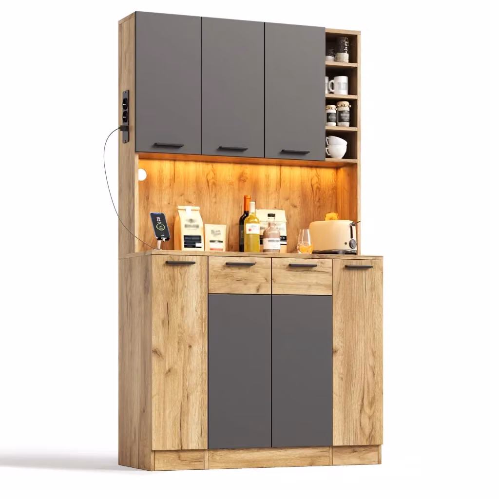 Credenza alta in stile industrial con 4 cassetti estraibili, 4 vani aperti e ripiani regolabili con illuminazione LED, disponibile in nero o grigio, L/P/H: 100 x 40 x 180 cm – 2