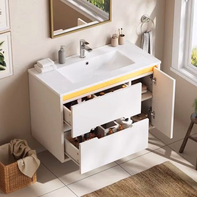 Mobile bagno sospeso 81 cm con lavabo in ceramica; 2 cassetti; LED controllato da app; bianco