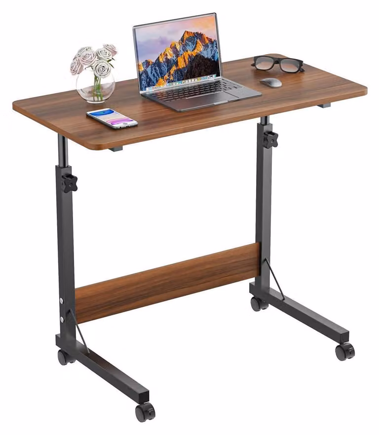 Tavolino per laptop con rotelle, dimensioni 80x40 cm, altezza regolabile da 69 a 90 cm, piano girevole, tavolino laterale per divano, finitura noce